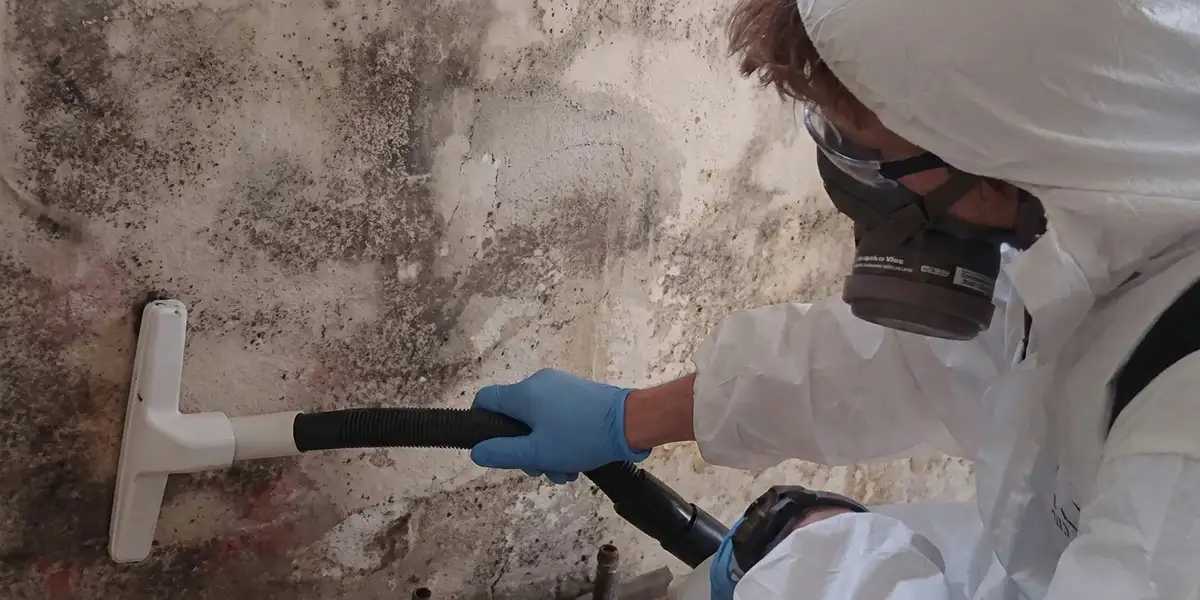 professional mold removal technician wearing protective equipment removing mold from a wall in Phoenix, AZ